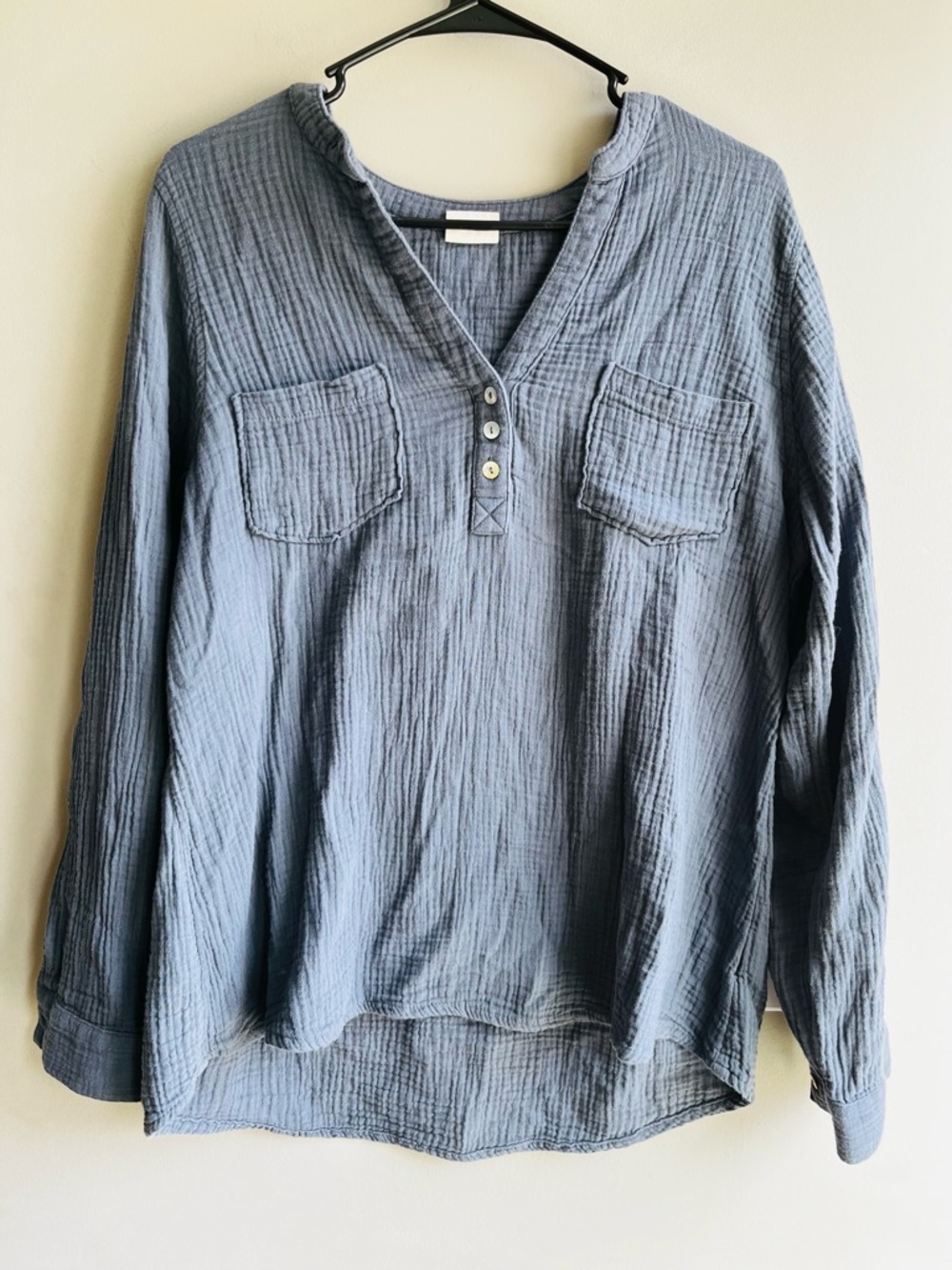 Mote Washed Blue Button-Front Long Sleeve Top 100% Cotton XL Beach Resort